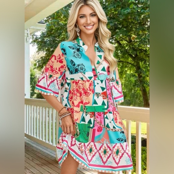 NWOT Colorful Geometric and Floral Dress - Size Large - Picture 1 of 7